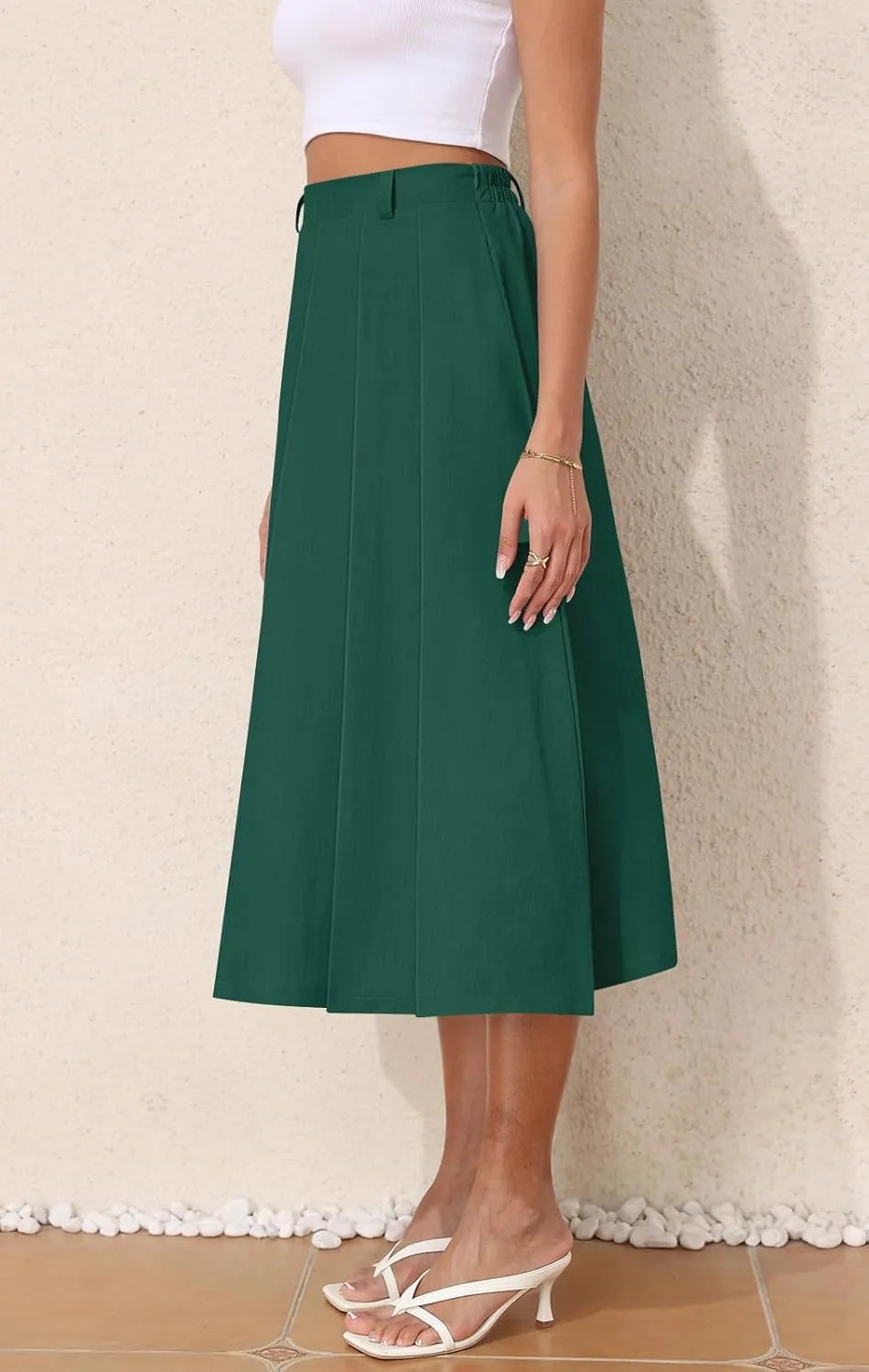 Women's Casual Skirts Summer Pleated A Line High Waist Below Knee Elegant Zipper Skirt