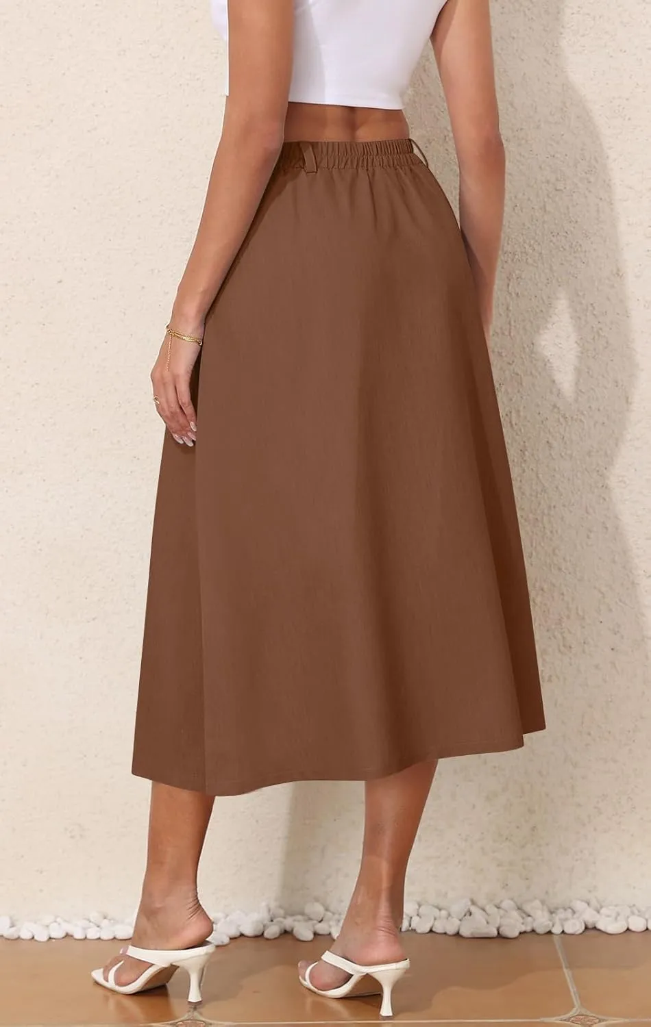 Women's Casual Skirts Summer Pleated A Line High Waist Below Knee Elegant Zipper Skirt