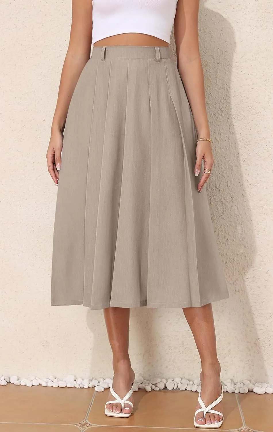 Women's Casual Skirts Summer Pleated A Line High Waist Below Knee Elegant Zipper Skirt