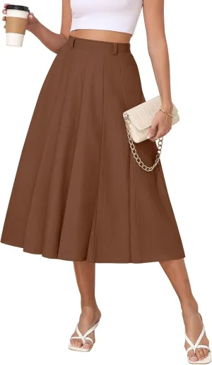Women's Casual Skirts Summer Pleated A Line High Waist Below Knee Elegant Zipper Skirt