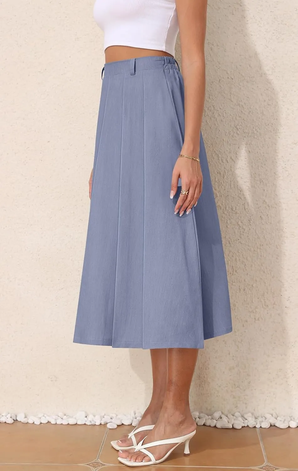 Women's Casual Skirts Summer Pleated A Line High Waist Below Knee Elegant Zipper Skirt