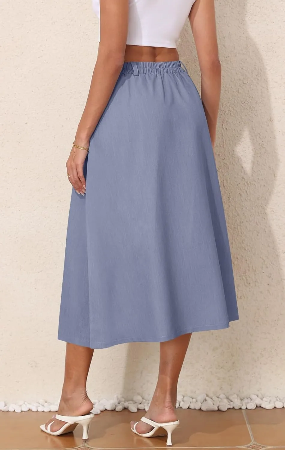 Women's Casual Skirts Summer Pleated A Line High Waist Below Knee Elegant Zipper Skirt