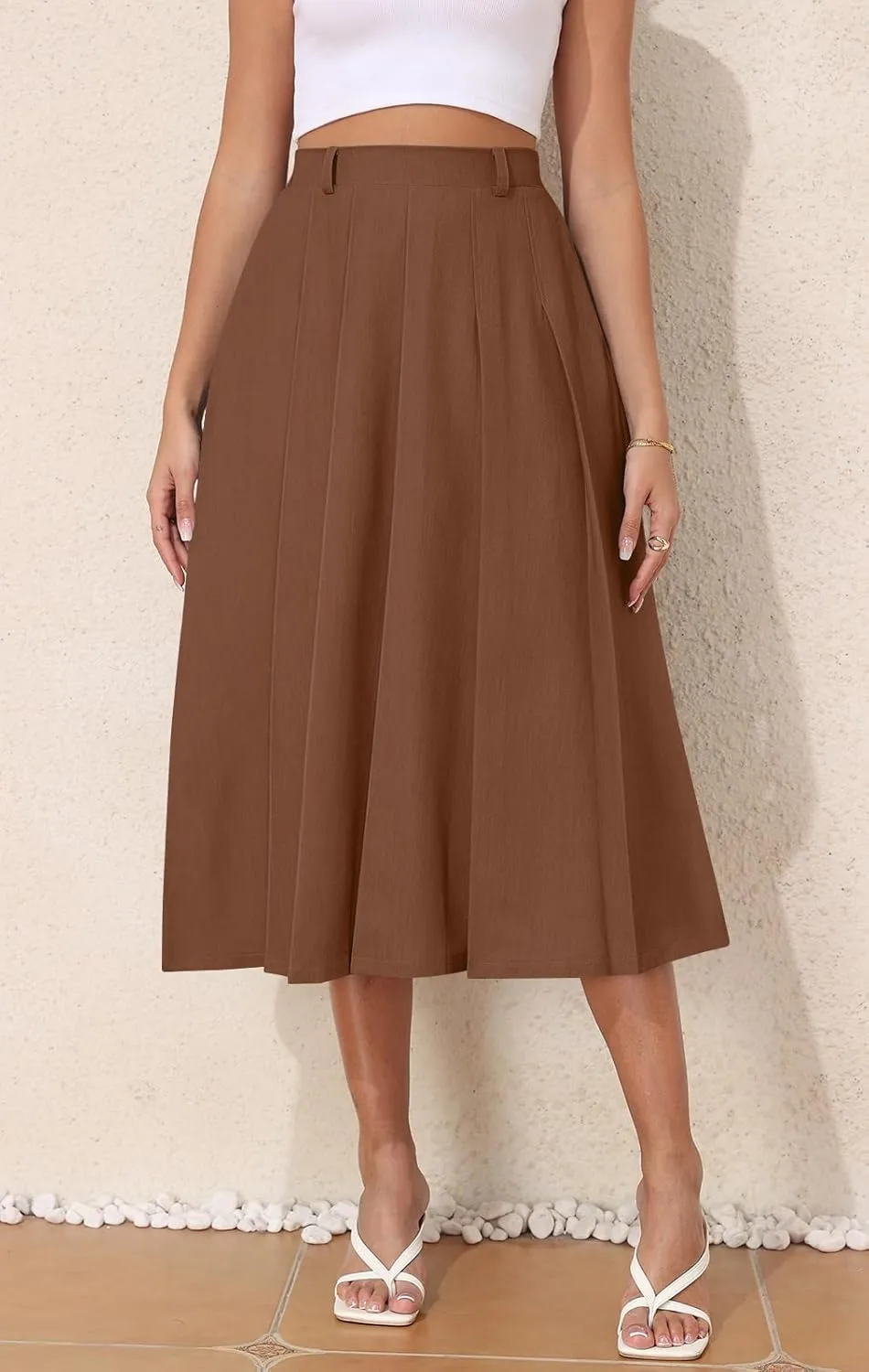 Women's Casual Skirts Summer Pleated A Line High Waist Below Knee Elegant Zipper Skirt