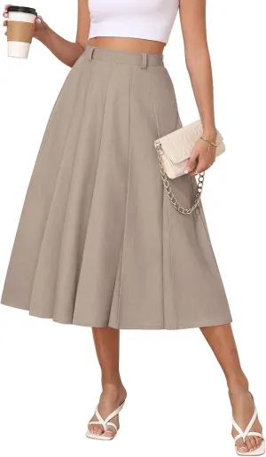 Women's Casual Skirts Summer Pleated A Line High Waist Below Knee Elegant Zipper Skirt