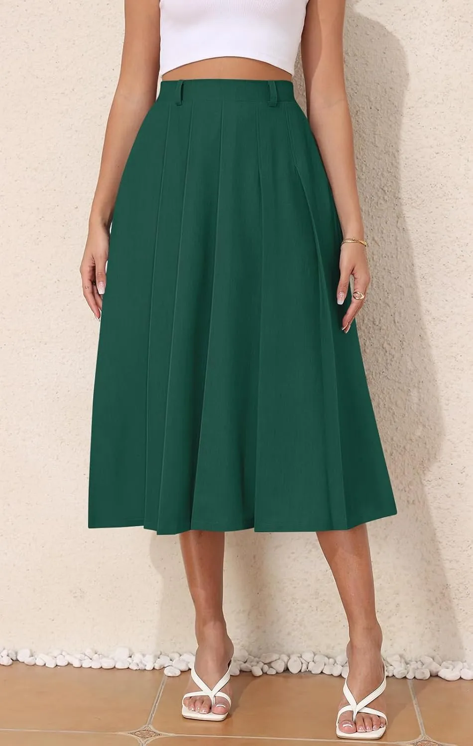 Women's Casual Skirts Summer Pleated A Line High Waist Below Knee Elegant Zipper Skirt