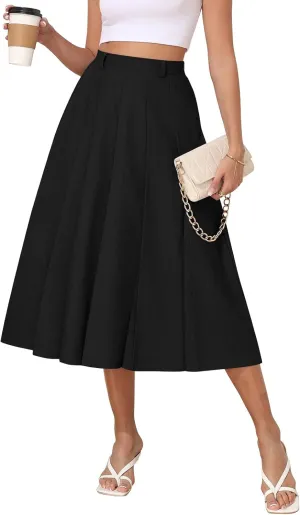 Women's Casual Skirts Summer Pleated A Line High Waist Below Knee Elegant Zipper Skirt