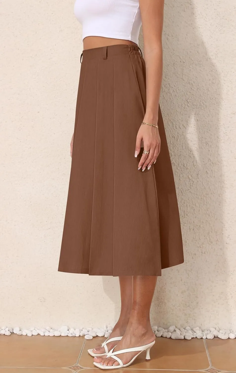 Women's Casual Skirts Summer Pleated A Line High Waist Below Knee Elegant Zipper Skirt