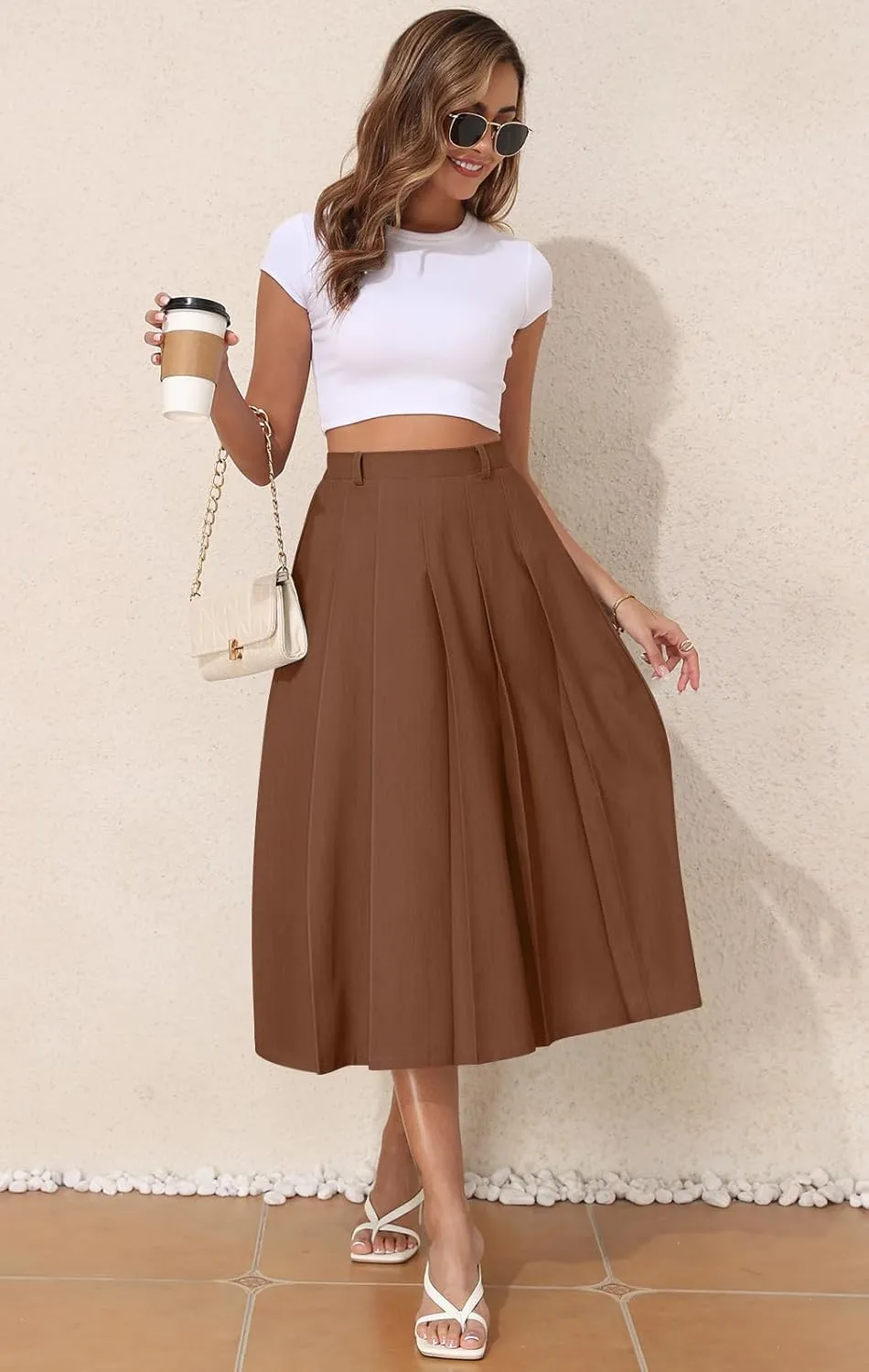 Women's Casual Skirts Summer Pleated A Line High Waist Below Knee Elegant Zipper Skirt
