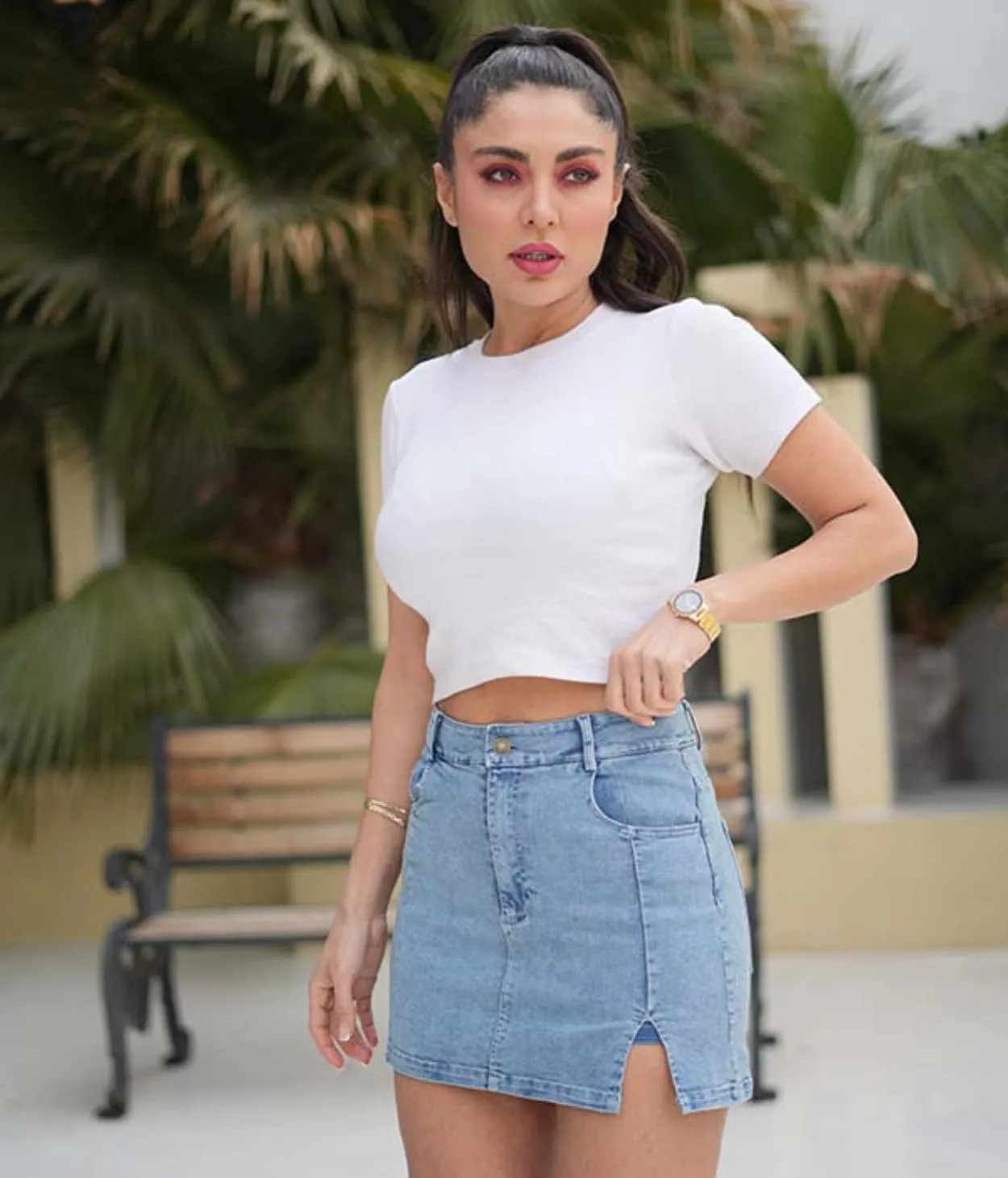 Womens Denim Skort  Mini Jean Skirt with Built-in Shorts and Slit | Includes White Socks | Casual Skort