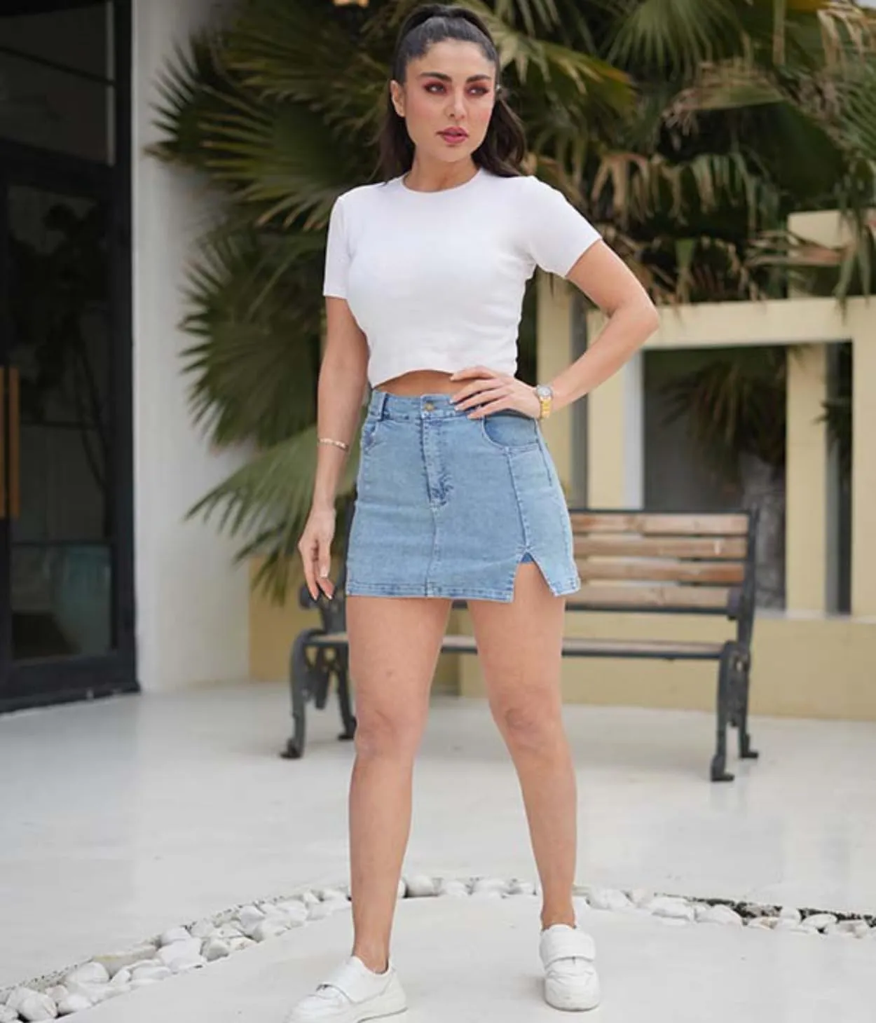 Womens Denim Skort  Mini Jean Skirt with Built-in Shorts and Slit | Includes White Socks | Casual Skort