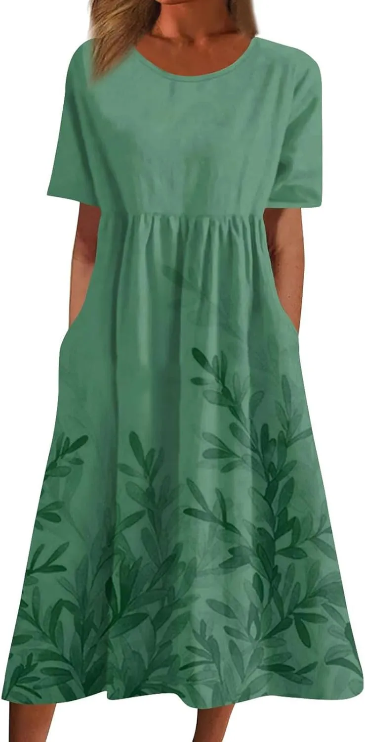Womens Dresses Summer Short Sleeve Boho Floral Print Midi Dress Loose Casual Fashion Beach Sundresses