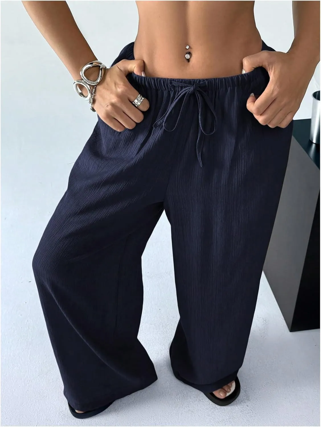 Women's Elastic Drawstring Waist Wide Leg Pants Loose Fit Sheer Cover Up Beach Pants Lounge with Pocket