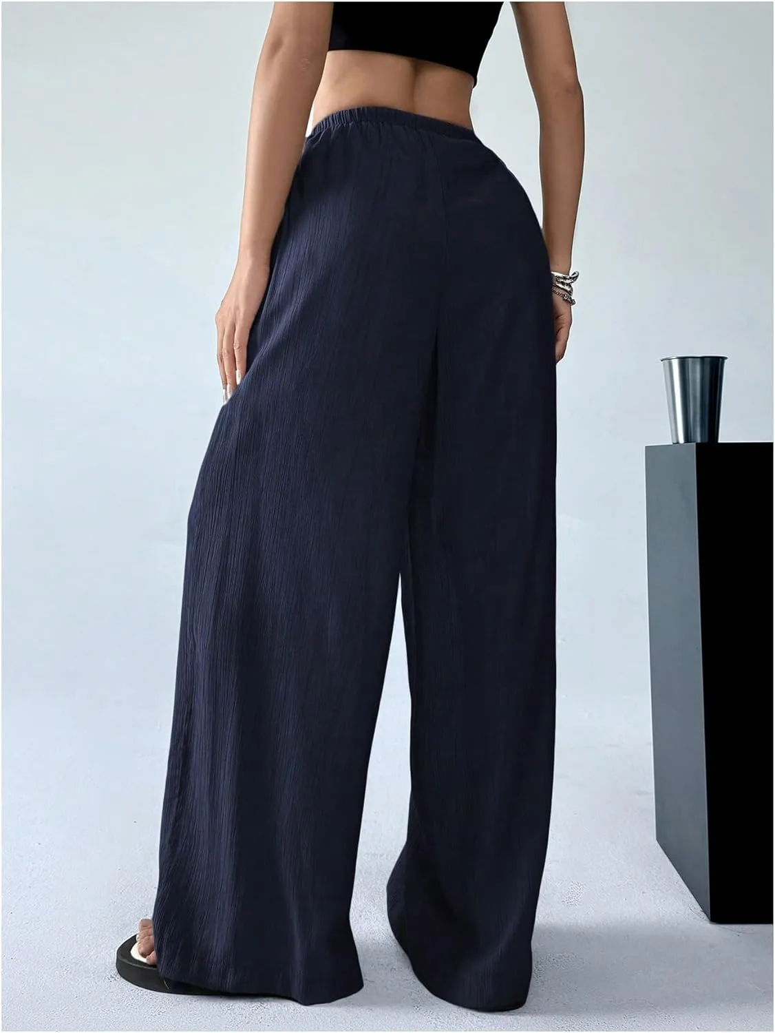 Women's Elastic Drawstring Waist Wide Leg Pants Loose Fit Sheer Cover Up Beach Pants Lounge with Pocket