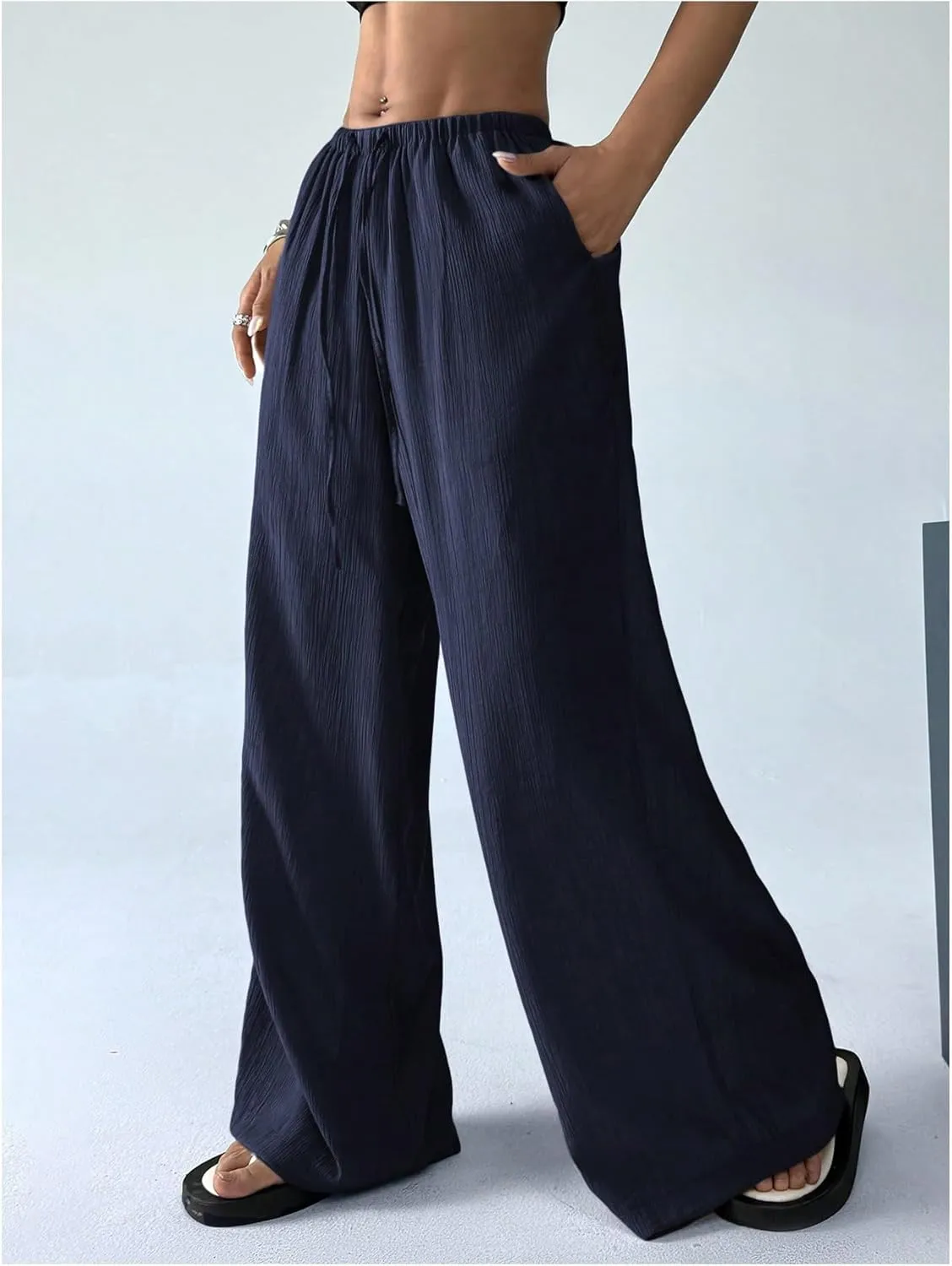 Women's Elastic Drawstring Waist Wide Leg Pants Loose Fit Sheer Cover Up Beach Pants Lounge with Pocket