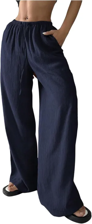 Women's Elastic Drawstring Waist Wide Leg Pants Loose Fit Sheer Cover Up Beach Pants Lounge with Pocket