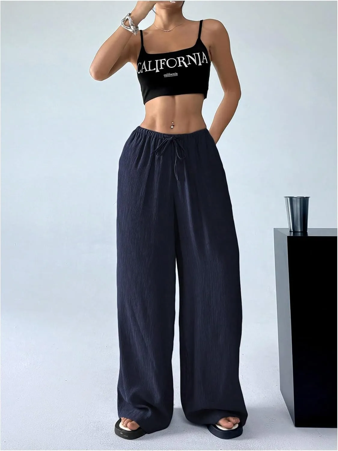 Women's Elastic Drawstring Waist Wide Leg Pants Loose Fit Sheer Cover Up Beach Pants Lounge with Pocket