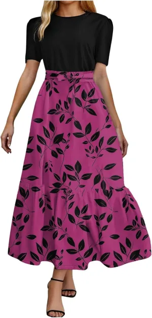 Women's Elegant Vintage High Waist Floral Print Crew Neck Maxi Dress Short Sleeve Casual Patchwork Ruffle Hem A Line Dress