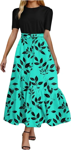 Women's Elegant Vintage High Waist Floral Print Crew Neck Maxi Dress Short Sleeve Casual Patchwork Ruffle Hem A Line Dress