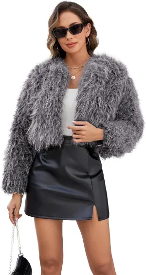 Womens Faux Fur Cropped Coats Long Sleeve Open Front Cardigan Top Fluffy Warm Outwear with Pocket