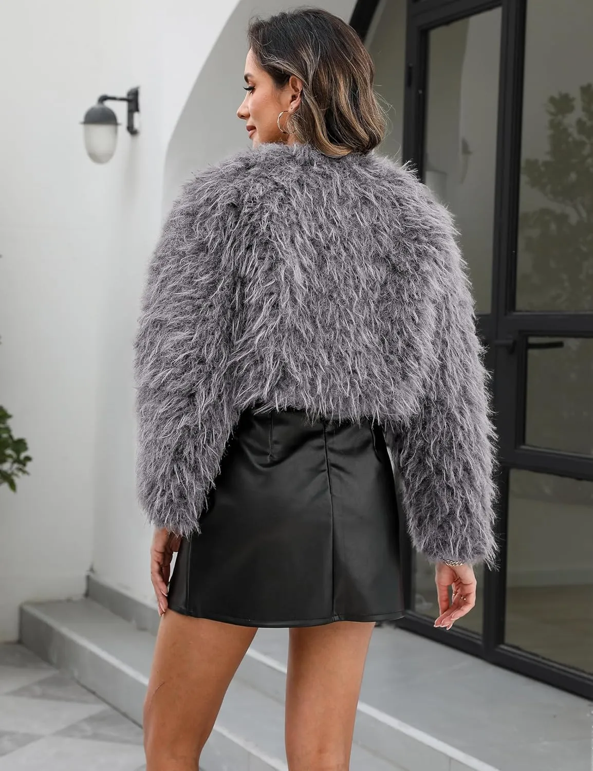Womens Faux Fur Cropped Coats Long Sleeve Open Front Cardigan Top Fluffy Warm Outwear with Pocket