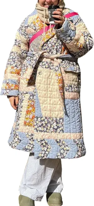Womens Floral Puffer Jacket Lightweight Long Quilted Down Coats Winter Padded Outwear with Belt(-Blue-M)