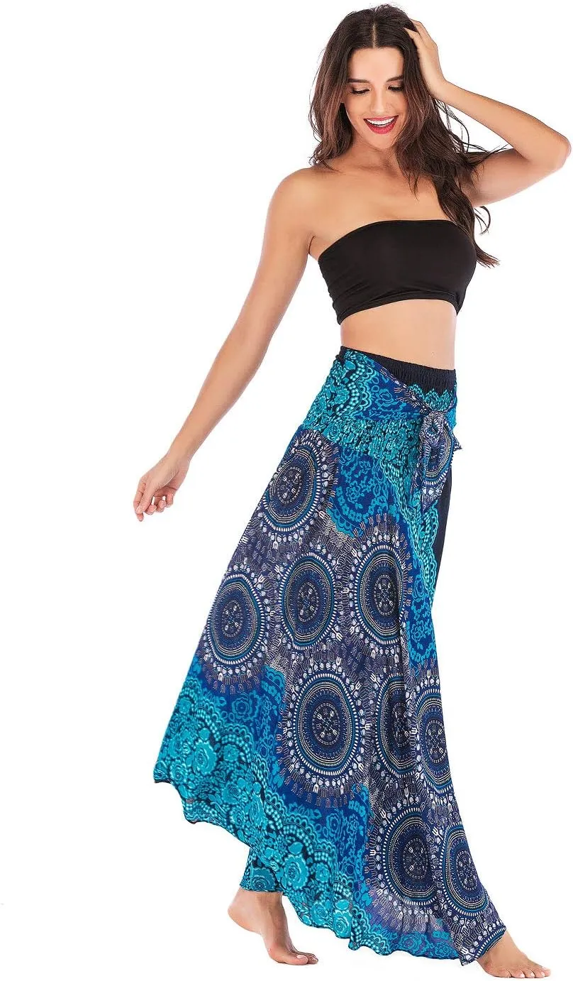 Women's Flowing Bohemian Dress High Waist A-Line Long Skirt Original Two Layer Printed Wrap Around Skirts