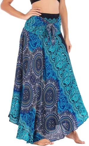 Women's Flowing Bohemian Dress High Waist A-Line Long Skirt Original Two Layer Printed Wrap Around Skirts