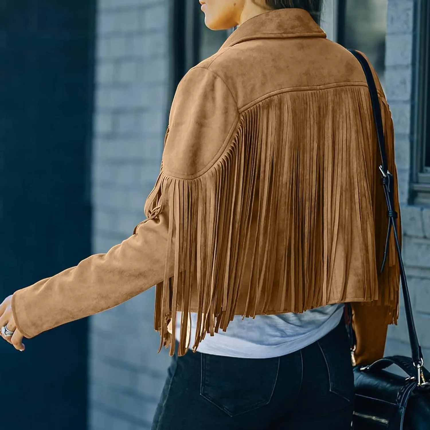 Womens Fringe Faux Suede Leather Jackets Fashion Tassel Motorcycle Cropped Coats Hippie Boyfriend Outwear Moto Coat
