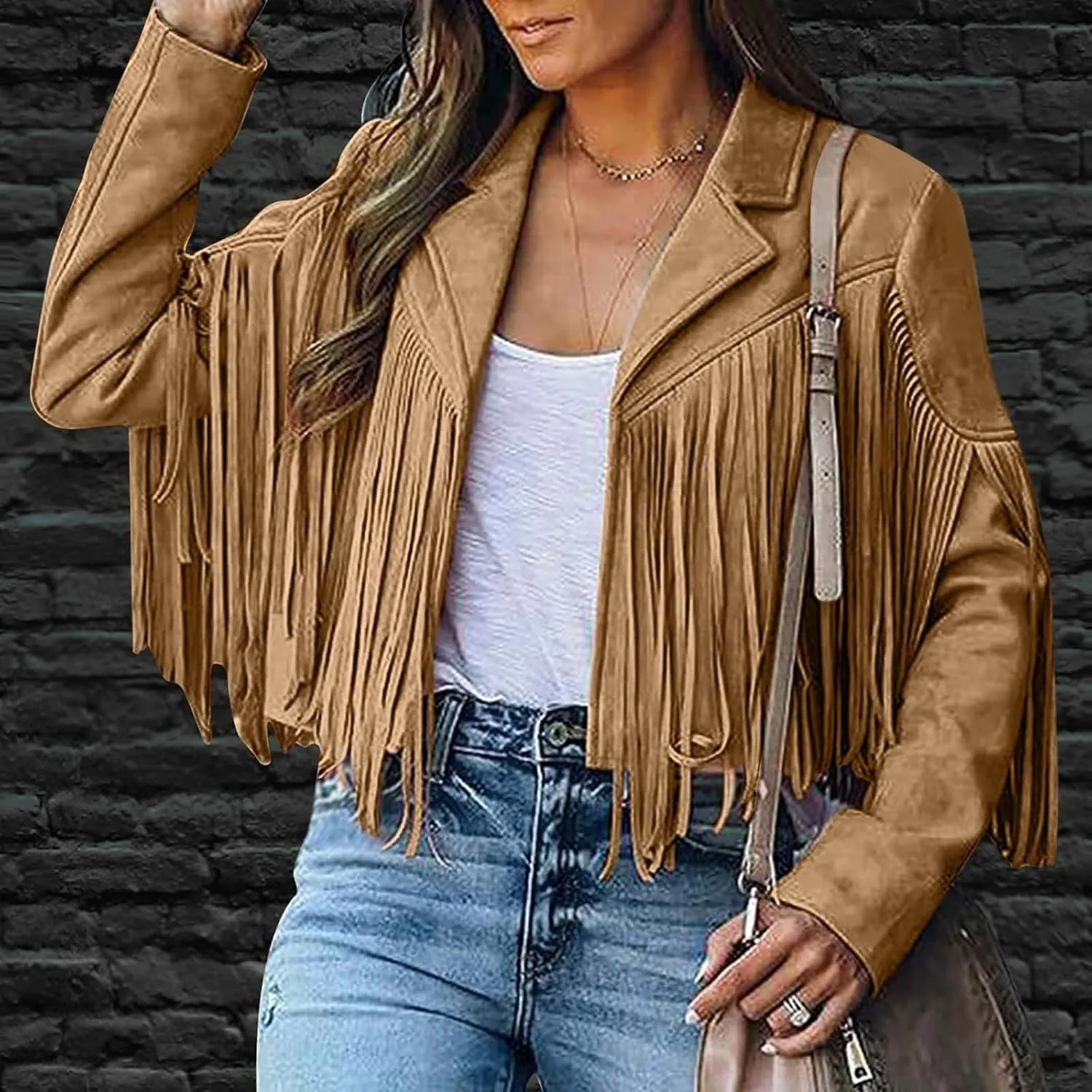 Womens Fringe Faux Suede Leather Jackets Fashion Tassel Motorcycle Cropped Coats Hippie Boyfriend Outwear Moto Coat