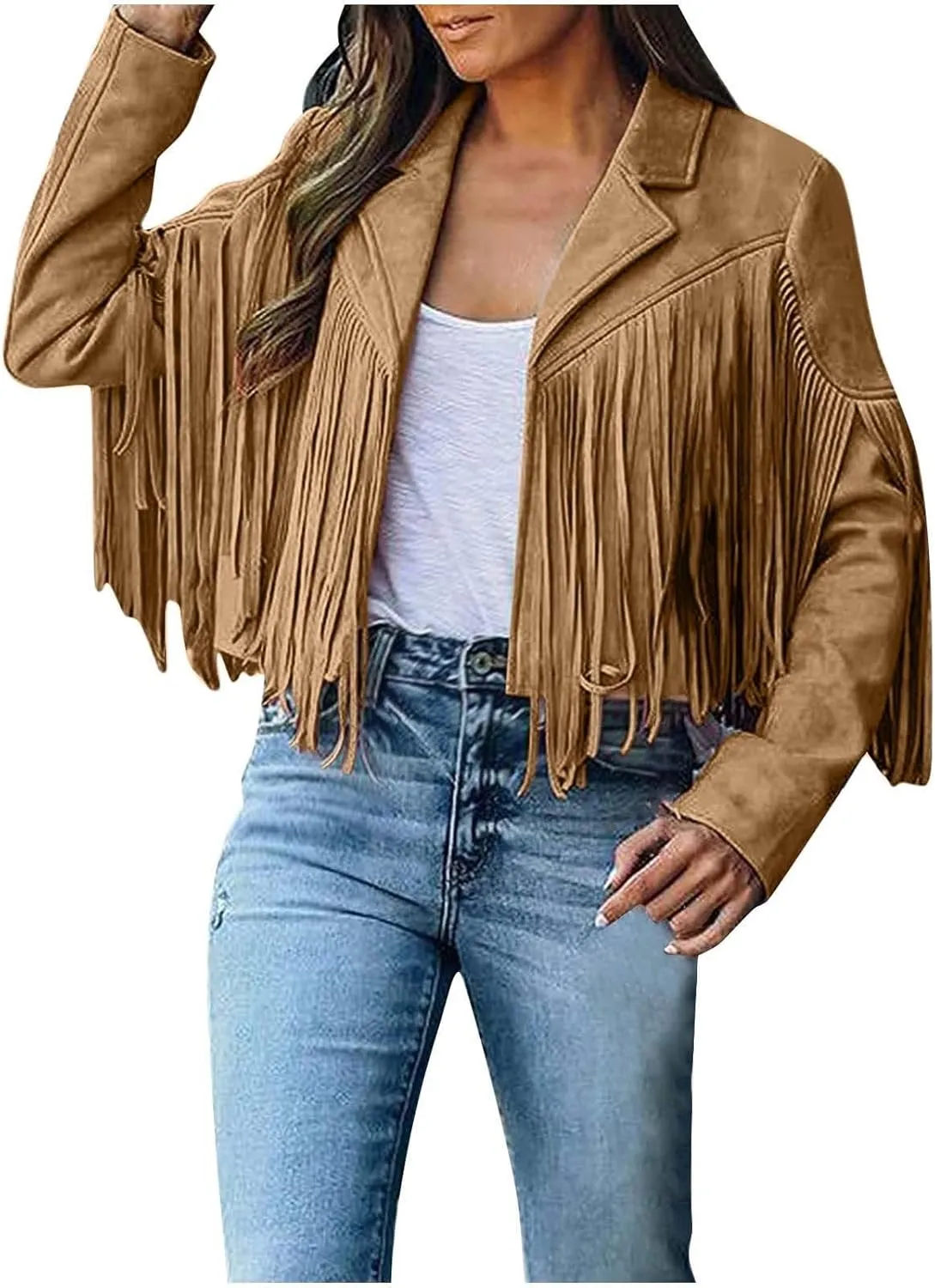 Womens Fringe Faux Suede Leather Jackets Fashion Tassel Motorcycle Cropped Coats Hippie Boyfriend Outwear Moto Coat