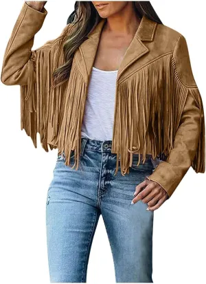 Womens Fringe Faux Suede Leather Jackets Fashion Tassel Motorcycle Cropped Coats Hippie Boyfriend Outwear Moto Coat