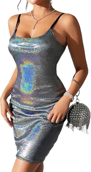Women's Glitter Sequin Dress Adjustable Spaghetti Strap Fashion Sparkle Party Dresses