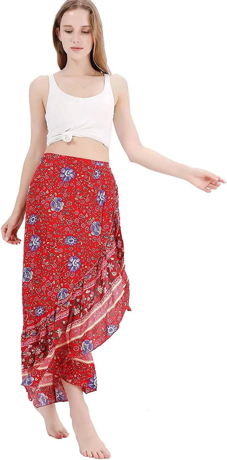 Women's High Waist Long Boho Print Skirt Gypsy Dress Bohemian Side Wrap Split Ruffled Asymmetric Hem Maxi Skirt,one size