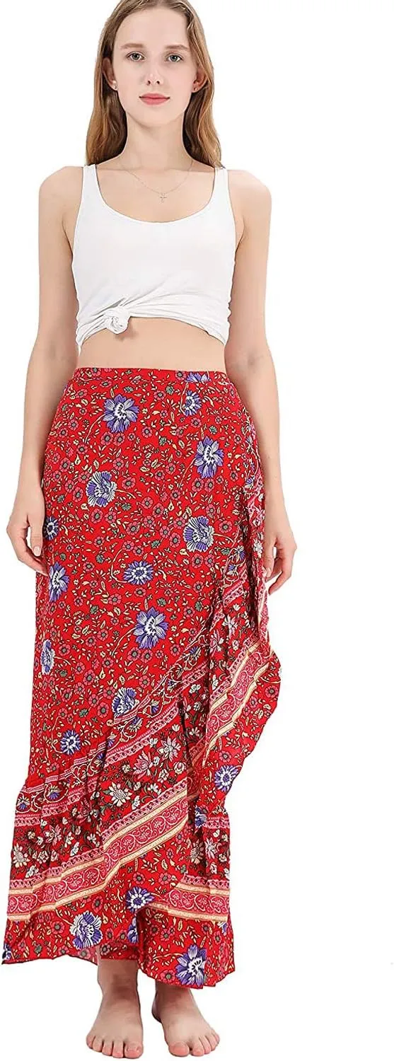 Women's High Waist Long Boho Print Skirt Gypsy Dress Bohemian Side Wrap Split Ruffled Asymmetric Hem Maxi Skirt,one size