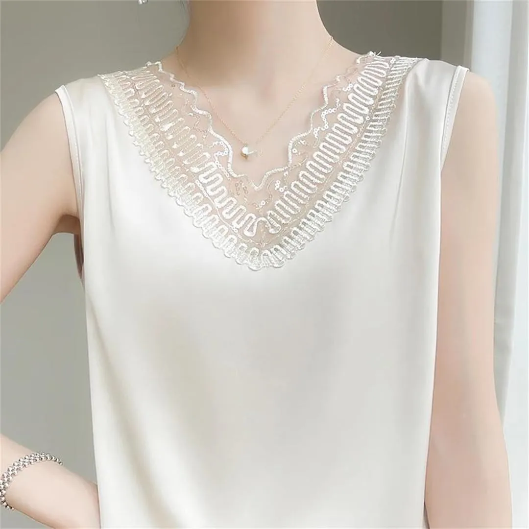 Women's Lace Camisole Vest for Pullover Spring/Summer V-Neck Loose Fit Oversized Silk Satin Sleeveless Top
