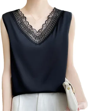 Women's Lace Camisole Vest for Pullover Spring/Summer V-Neck Loose Fit Oversized Silk Satin Sleeveless Top