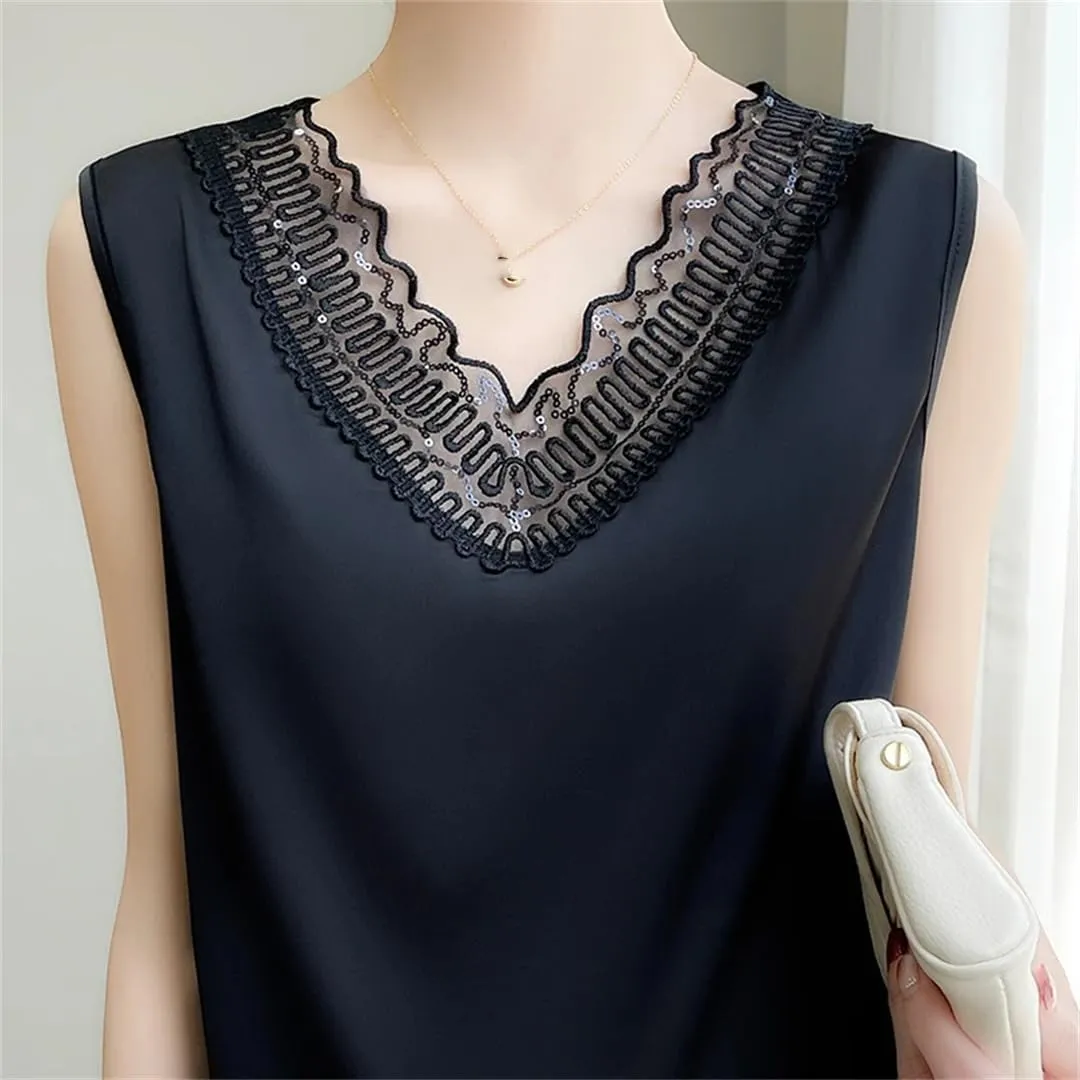 Women's Lace Camisole Vest for Pullover Spring/Summer V-Neck Loose Fit Oversized Silk Satin Sleeveless Top
