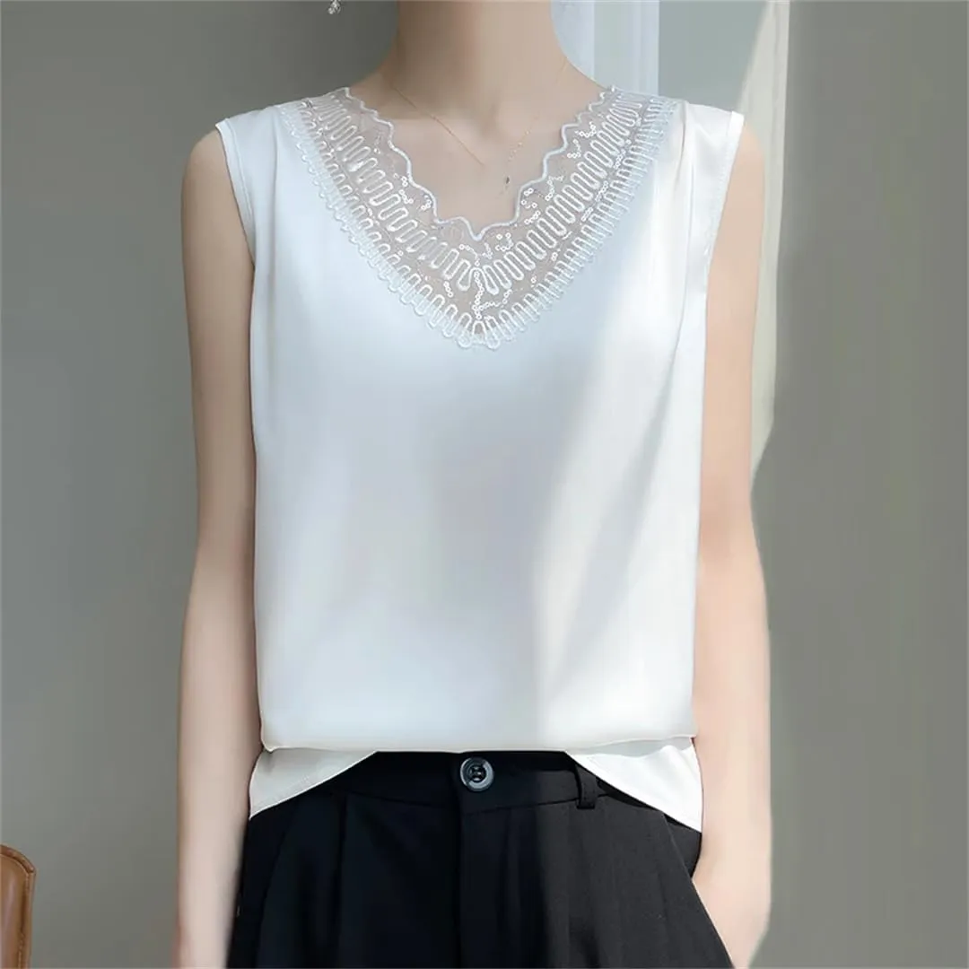 Women's Lace Camisole Vest for Pullover Spring/Summer V-Neck Loose Fit Oversized Silk Satin Sleeveless Top