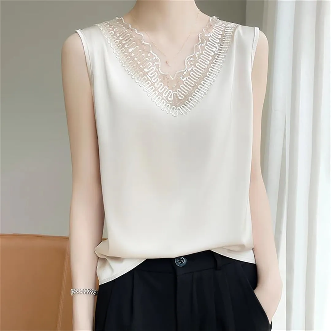 Women's Lace Camisole Vest for Pullover Spring/Summer V-Neck Loose Fit Oversized Silk Satin Sleeveless Top