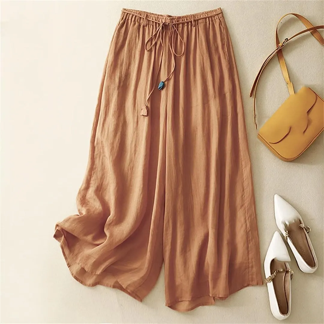 Women's Linen Double-Layer High Waist Wide Leg Pants Elastic Waist Loose Fit Elegant Lace Up Ankle Length Trousers