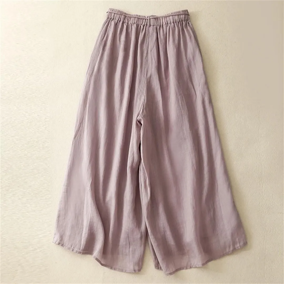 Women's Linen Double-Layer High Waist Wide Leg Pants Elastic Waist Loose Fit Elegant Lace Up Ankle Length Trousers