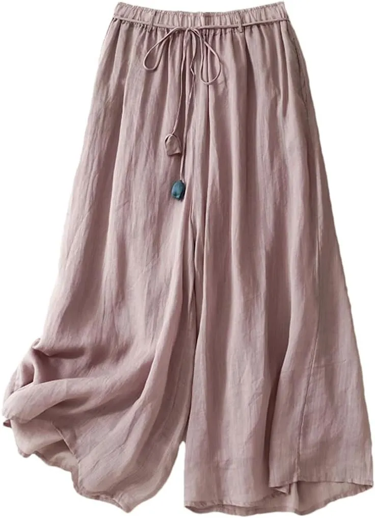 Women's Linen Double-Layer High Waist Wide Leg Pants Elastic Waist Loose Fit Elegant Lace Up Ankle Length Trousers