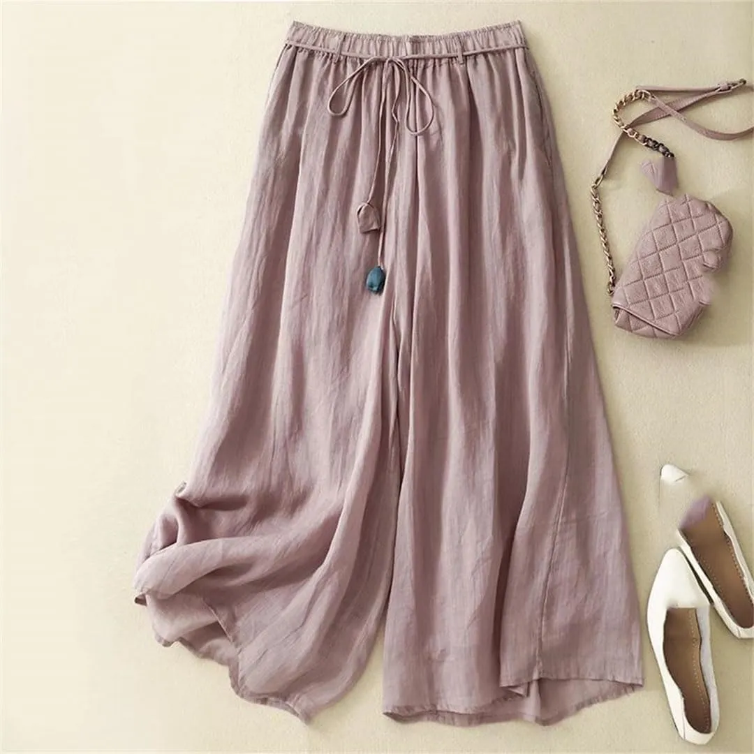 Women's Linen Double-Layer High Waist Wide Leg Pants Elastic Waist Loose Fit Elegant Lace Up Ankle Length Trousers