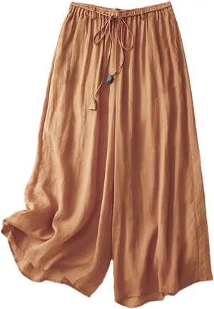 Women's Linen Double-Layer High Waist Wide Leg Pants Elastic Waist Loose Fit Elegant Lace Up Ankle Length Trousers