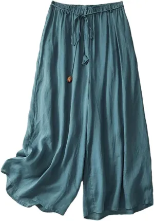 Women's Linen Double-Layer High Waist Wide Leg Pants Elastic Waist Loose Fit Elegant Lace Up Ankle Length Trousers