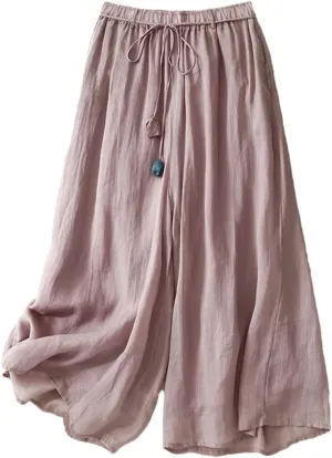 Women's Linen Double-Layer High Waist Wide Leg Pants Elastic Waist Loose Fit Elegant Lace Up Ankle Length Trousers