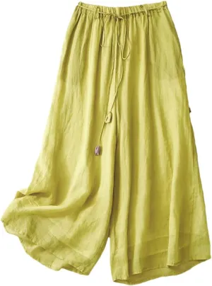 Women's Linen Double-Layer High Waist Wide Leg Pants Elastic Waist Loose Fit Elegant Lace Up Ankle Length Trousers