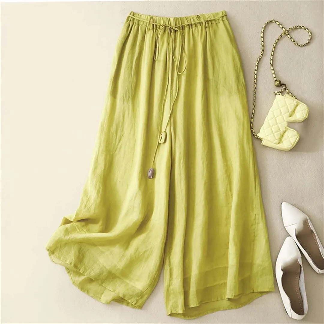 Women's Linen Double-Layer High Waist Wide Leg Pants Elastic Waist Loose Fit Elegant Lace Up Ankle Length Trousers