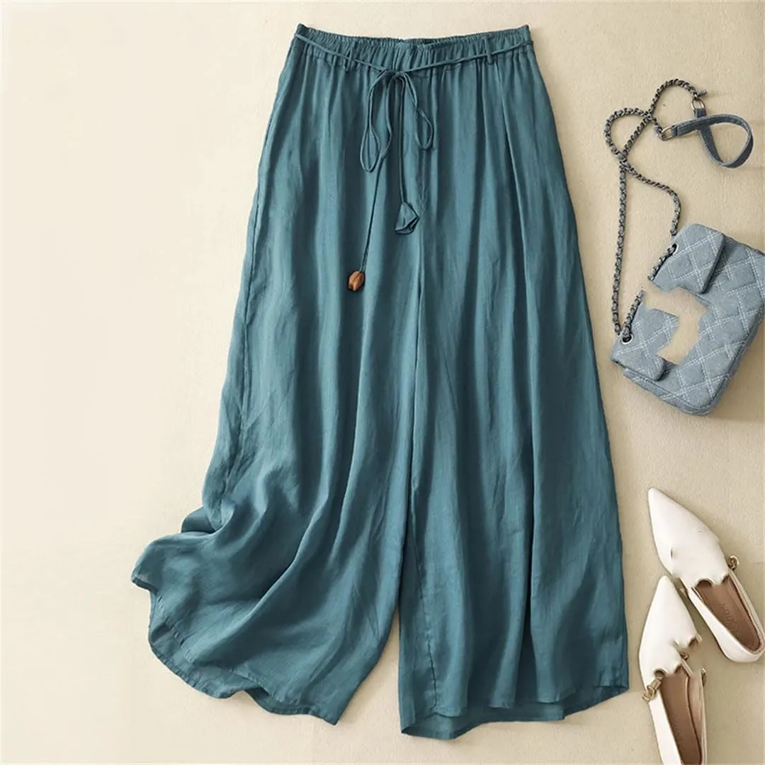 Women's Linen Double-Layer High Waist Wide Leg Pants Elastic Waist Loose Fit Elegant Lace Up Ankle Length Trousers