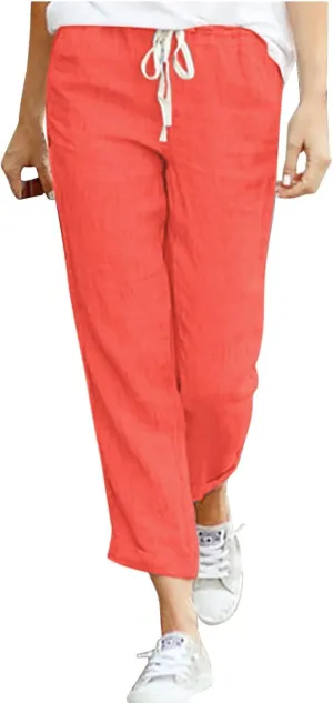 Women's Linen Summer Casual Pant Trousers Elastic Waisted Stretchy Straight Slim Fit Pants Work Business